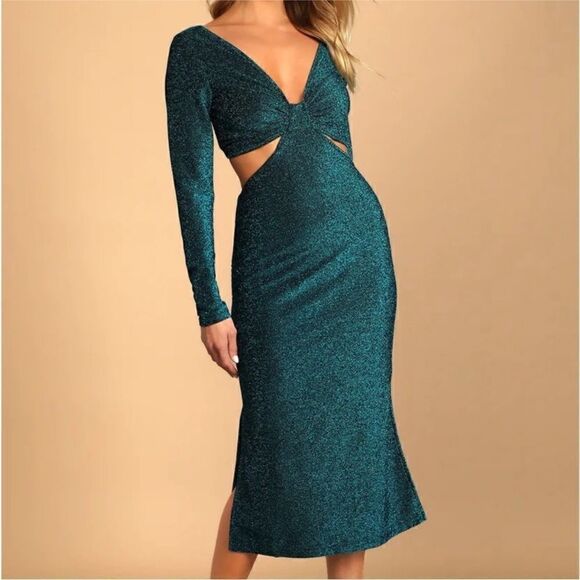 Lulu’s Sparks of Love Metallic Blue Cutout Midi Dress | Size L - Picture 1 of 12